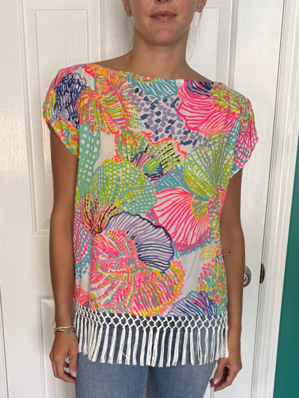 Lilly Pulitzer Jasmine Top Multi Print Fringe Trim